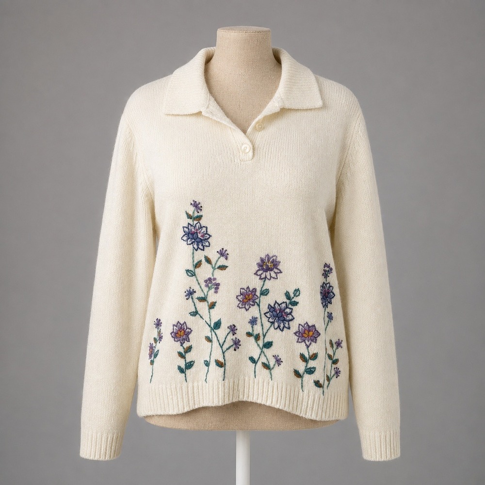 Vintage 90s Alfred Dunner Floral Embroidered Sweater Size XL Cream Cottagecore